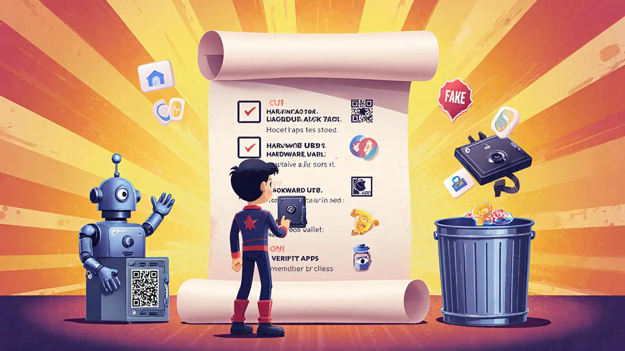 User with checklist icons, hardware wallet, and trash can disposing fake app.