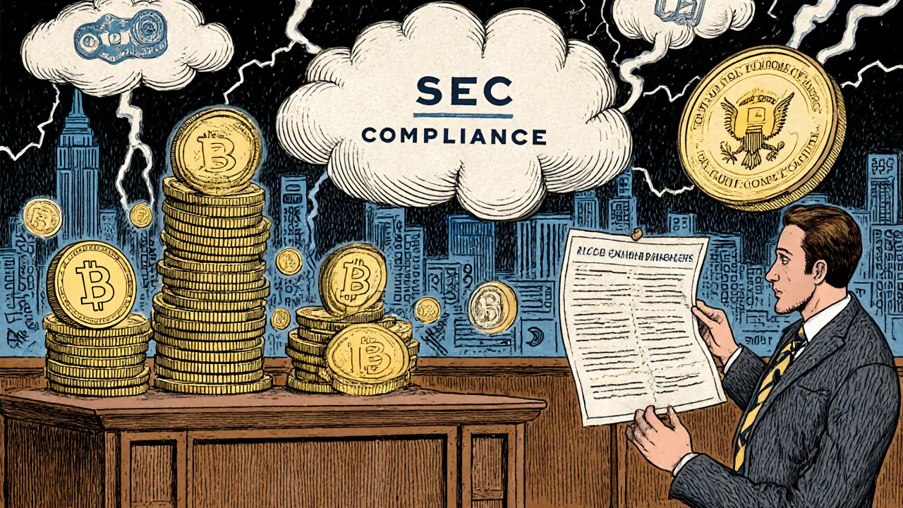 A courtroom with crypto traders before a judge made of coins, a lawyer presenting a glowing compliance map.