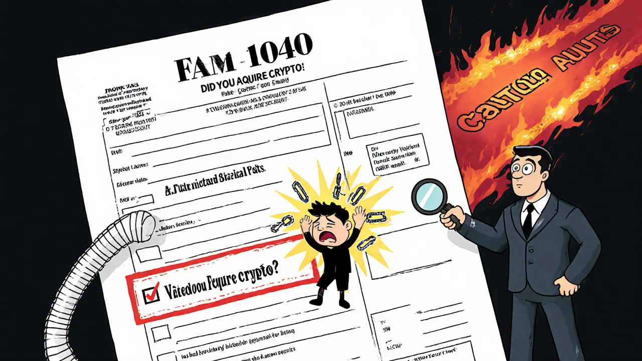 A person sweating over a Form 1040 with a red checkbox, a lawyer guiding them away from an audit pit.