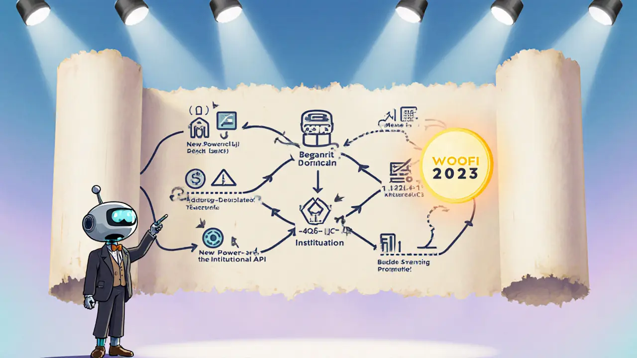 AI robot presenting a scroll roadmap of WOOFi’s future upgrades to an excited trader.