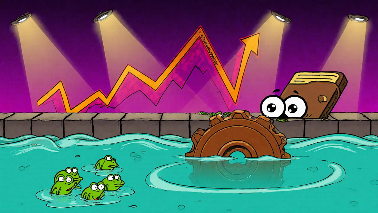 Animated scene of OGGIE tokens in a shallow Uniswap liquidity pool with volatile price graph.