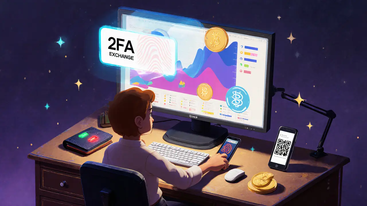 Cartoon figure at a desk uses a monitor, holographic code, fingerprint scanner, and hardware wallet.