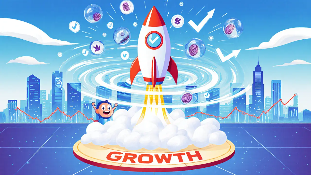 Cartoon scene of a crypto exchange rocketing upward, powered by Persona’s KYC platform.