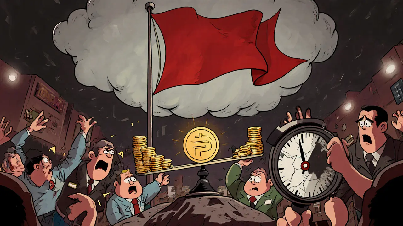 Cartoon traders panic as a PESHI token swings, highlighting red‑flag risk.