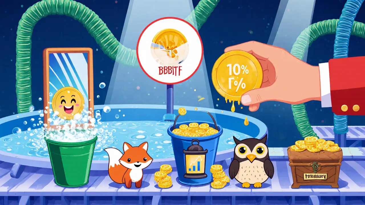 Cartoon transaction splits a coin&#039;s value into a liquidity pond, partner mascots, and a treasure chest.