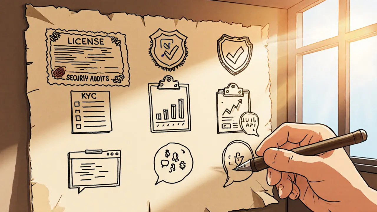 Checklist wall with cartoon icons for exchange verification steps.