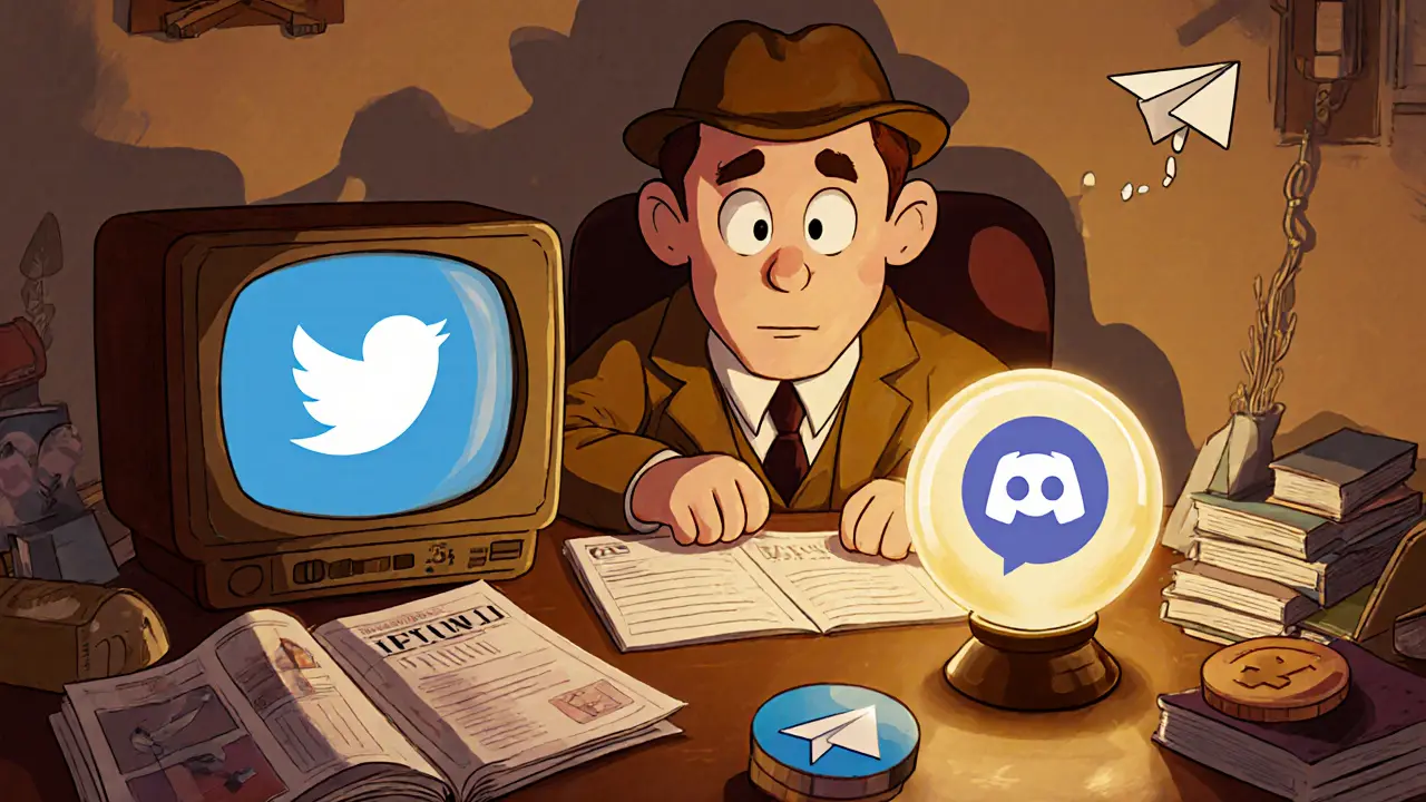 Detective-style character scans cartoon Twitter, Discord, and Medium icons.