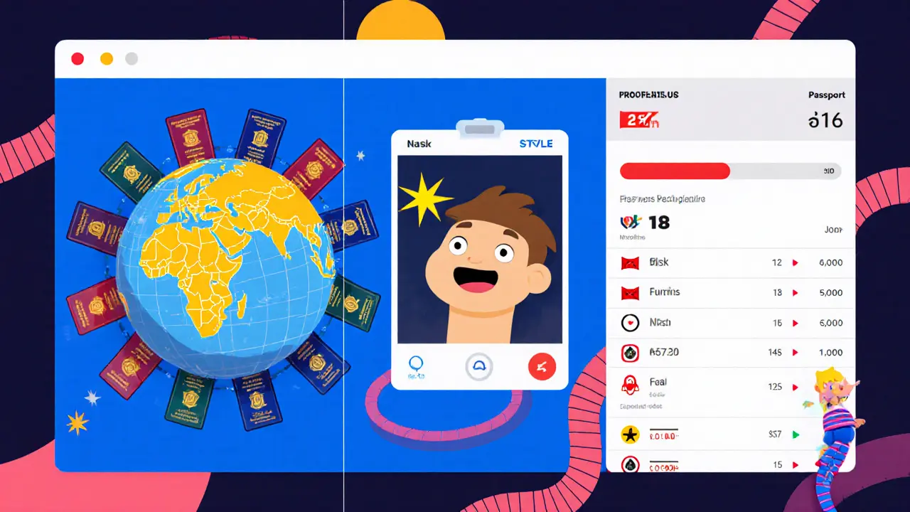 Fleischer‑style illustration of Persona’s feature dashboard: passports, selfie scan, watchlist list.