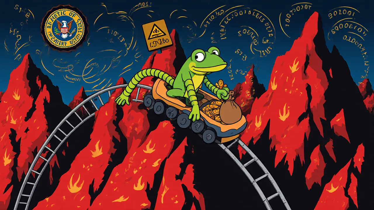 Frog riding a roller coaster of wild price swings, illustrating OGGIE’s high risk.