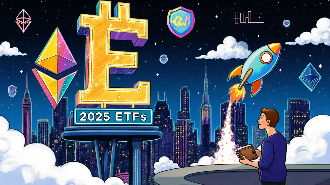 Futuristic skyline of Bitcoin and Ethereum towers with a rocket launching, character watching from balcony.