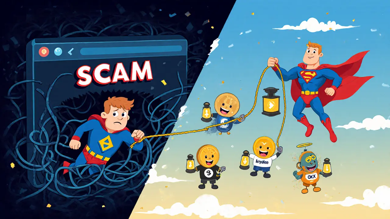 Hero rescuing a user from a scam site, guided by trusted exchange mascots.