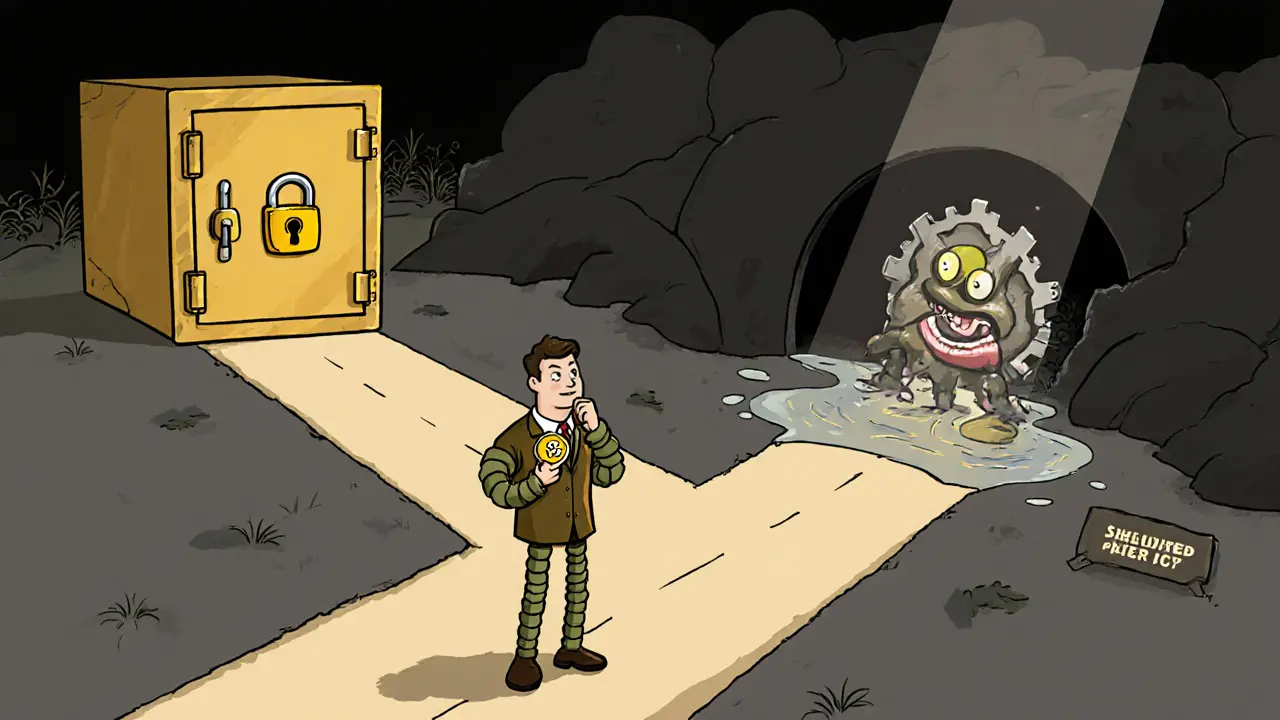 Investor at a forked road: safe vault on one side, dark tunnel with gear monster and shallow puddle on the other.