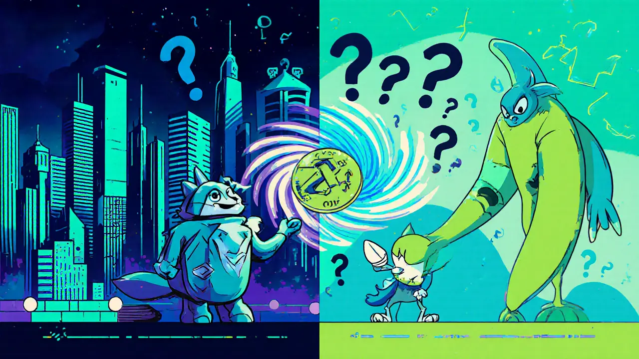 Split scene showing Ethereum city and Solana realm with cartoon wallets offering the same token.