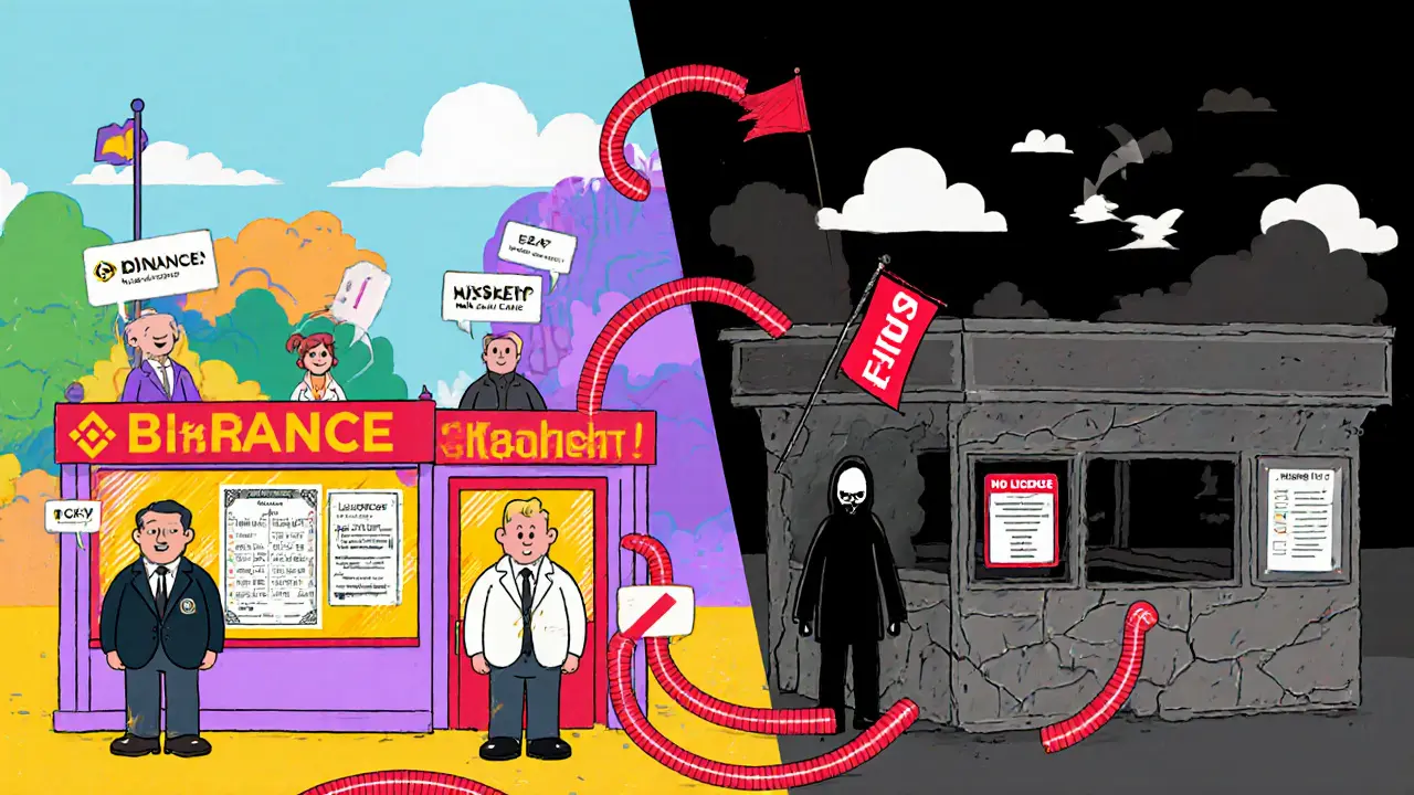 Split scene showing friendly exchange characters with clear info opposite a shadowy IMOEX kiosk with red flags.