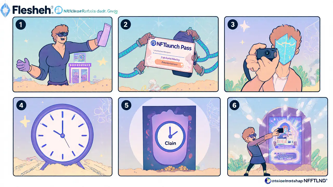 Storyboard shows acquiring NFT pass, wallet connect, KYC, snapshot, claim, and staking.