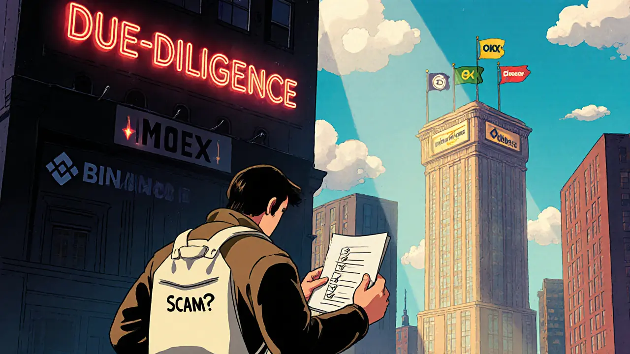 Trader holding a due‑diligence checklist walks away from a dark IMOEX building toward bright exchange towers.