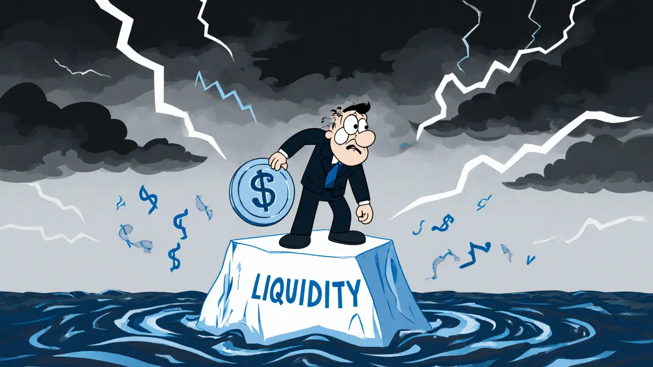 Trader on a small iceberg trying to grab a floating token amid stormy waves and price graphs.
