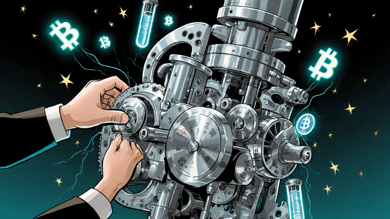 Whimsical mechanical engine showing the sPMM algorithm with gears and glowing crypto symbols.