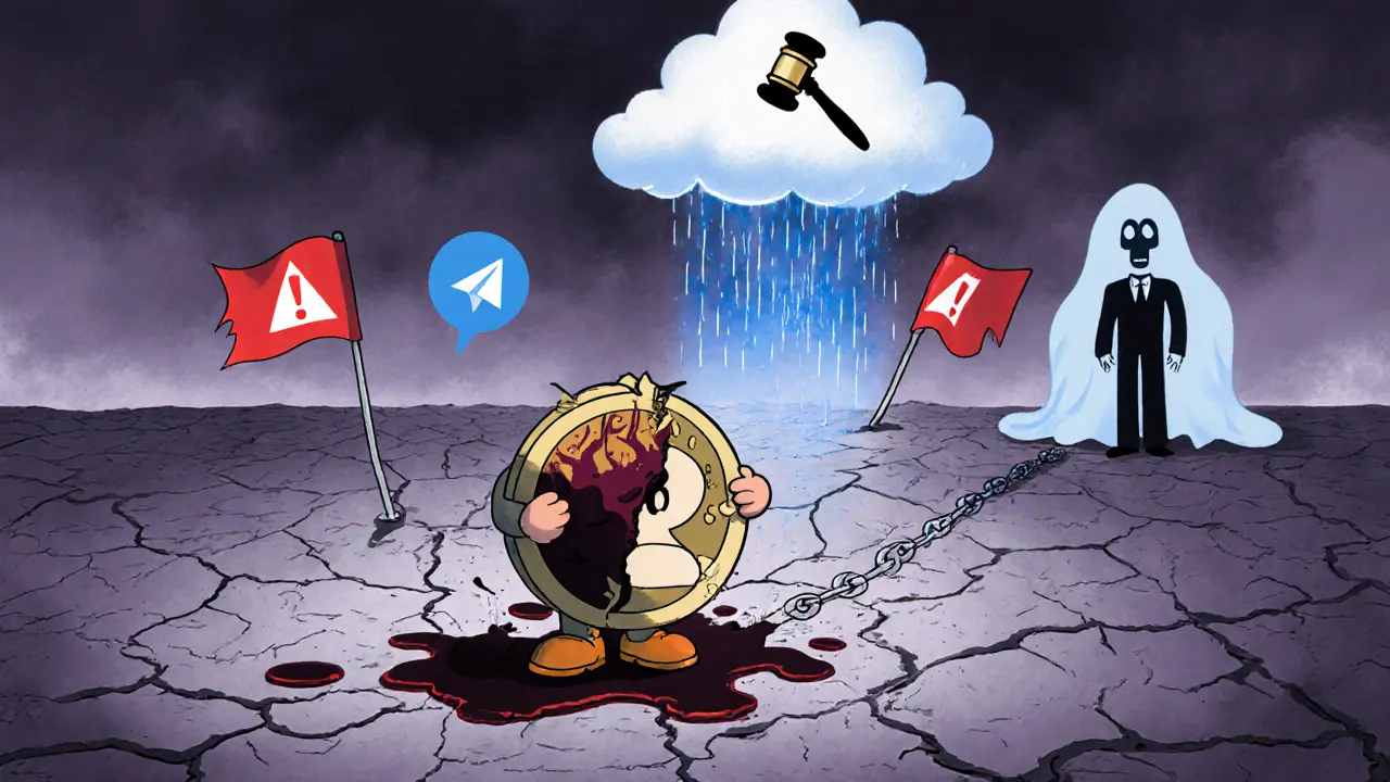 Worried investor holding a crumbling token with red warning flags and a looming SEC gavel.