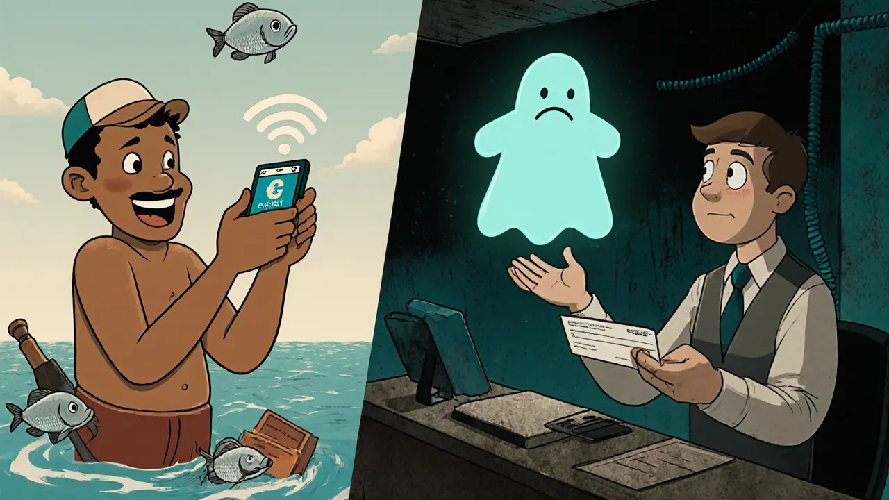 A Bahamian fisherman receives instant digital payment while a bank teller struggles with slow checks.