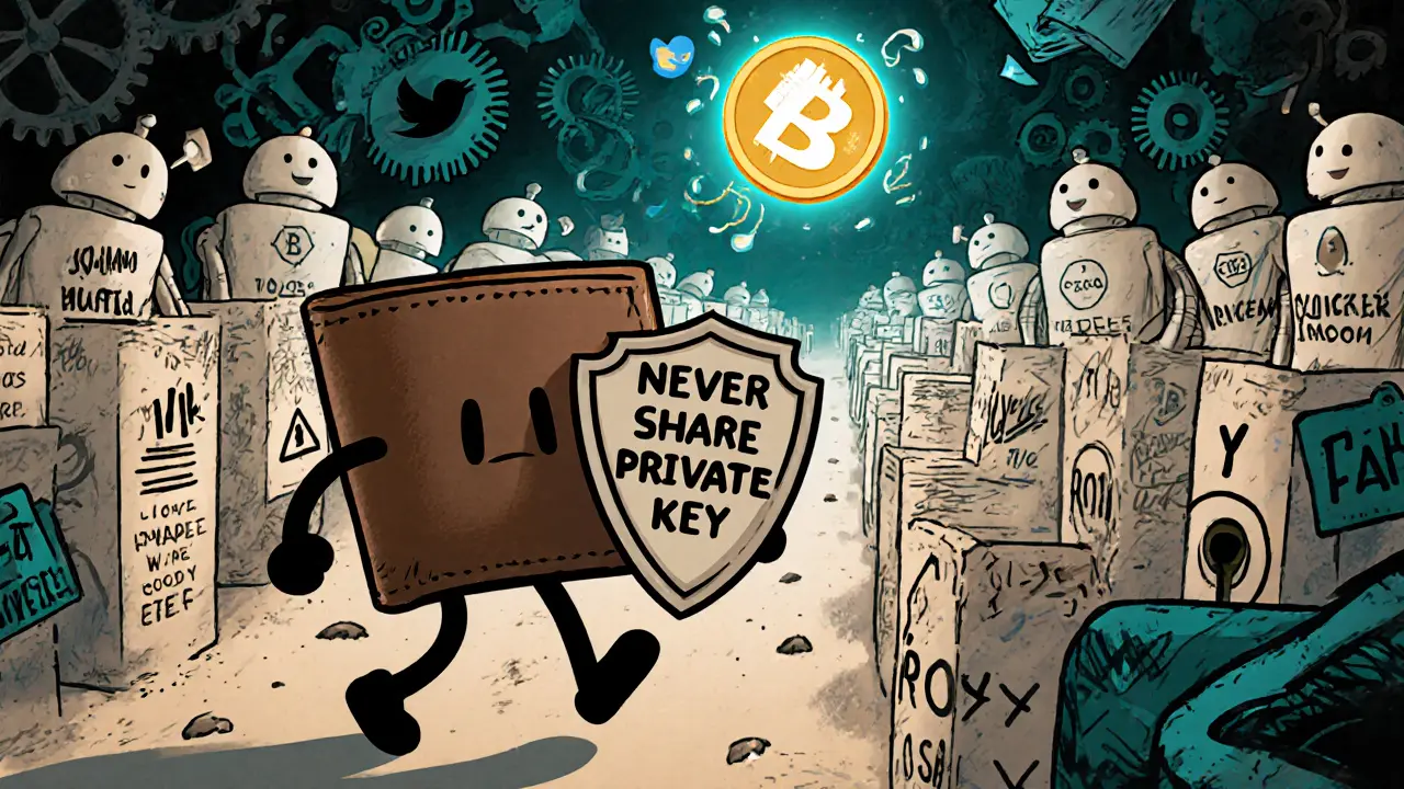 A cartoon wallet fighting scam bots in a maze, holding a shield against phishing attacks in Fleischer Studios style.