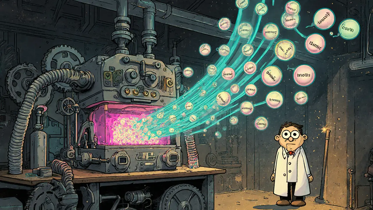 Animated contraption turning binary streams into floating orbs symbolizing seed phrase words.