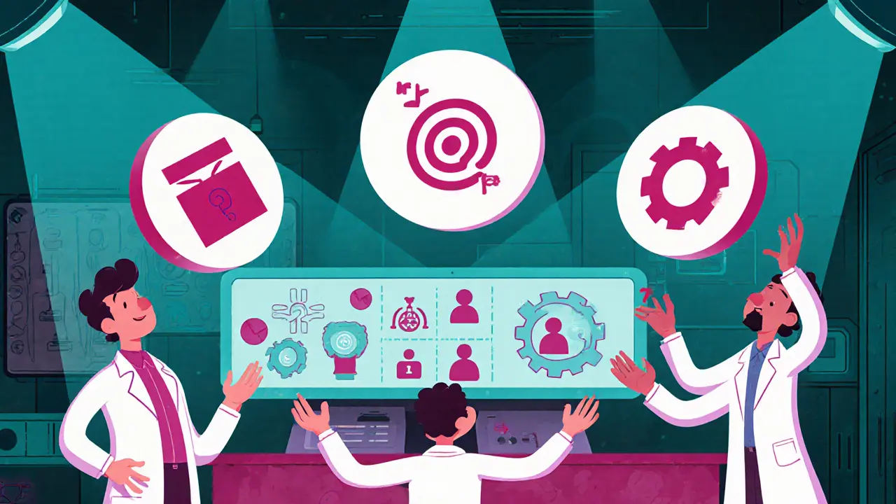 Animated lab with scientists passing symbols for zero‑knowledge, recursive proof, and homomorphic encryption.