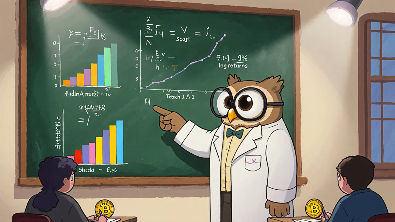 Animated professor owl explains volatility formulas beside bar graphs of Bitcoin and Ethereum HV.