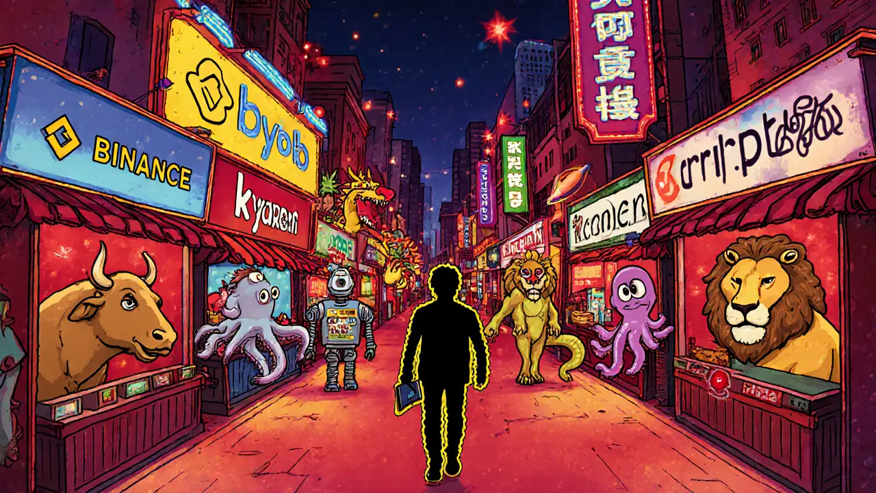 Cartoon marketplace with exchange mascots and user holding passport.