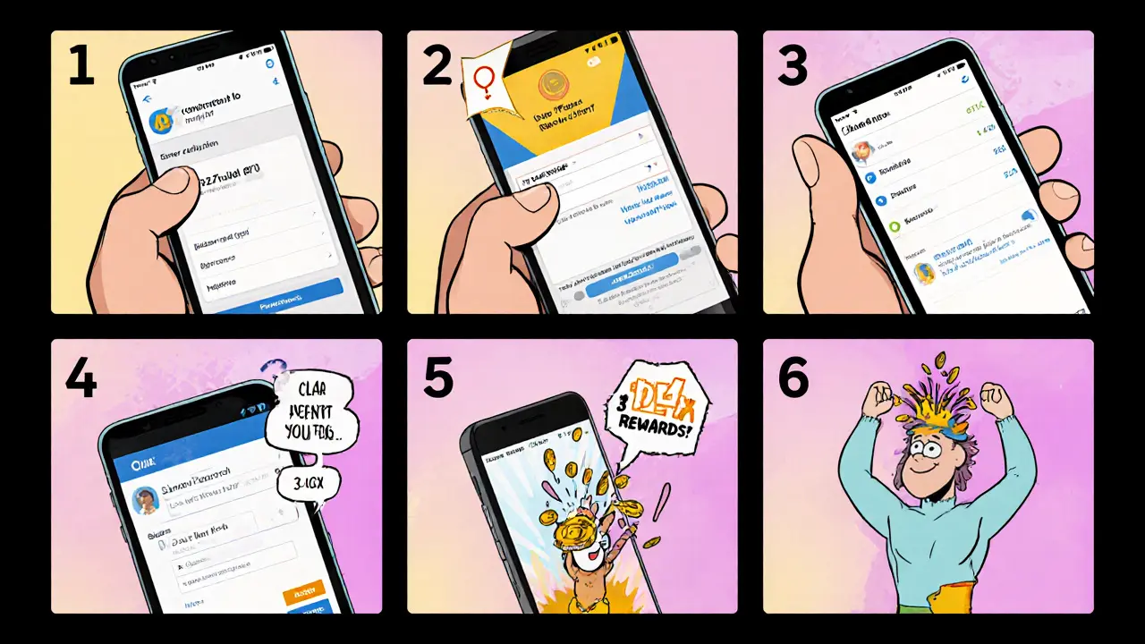 Cartoon panel series showing a hero downloading the app, entering code, verifying email, and claiming 34 LGX.