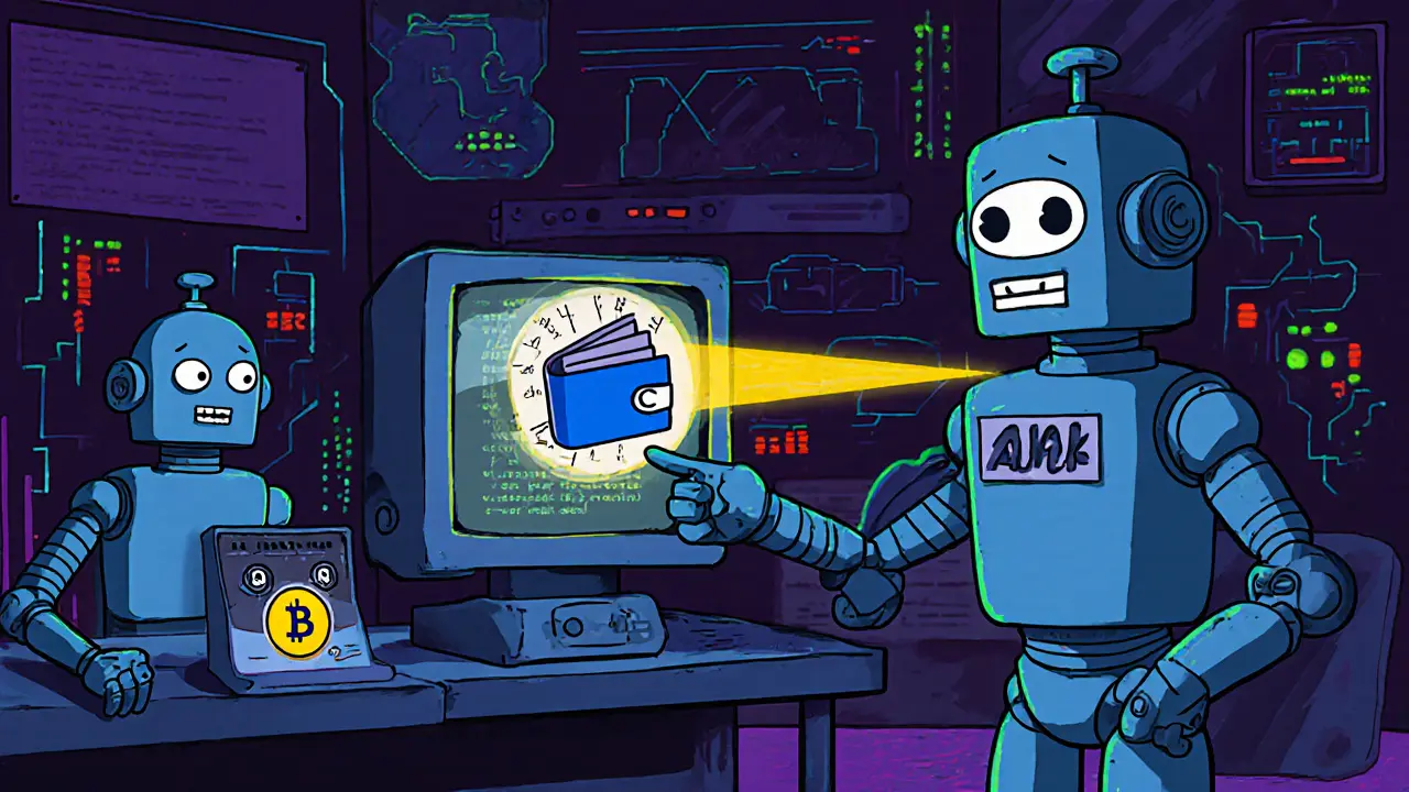 Cartoon robot scans wallet icons in a neon‑lit anti‑bot control room.