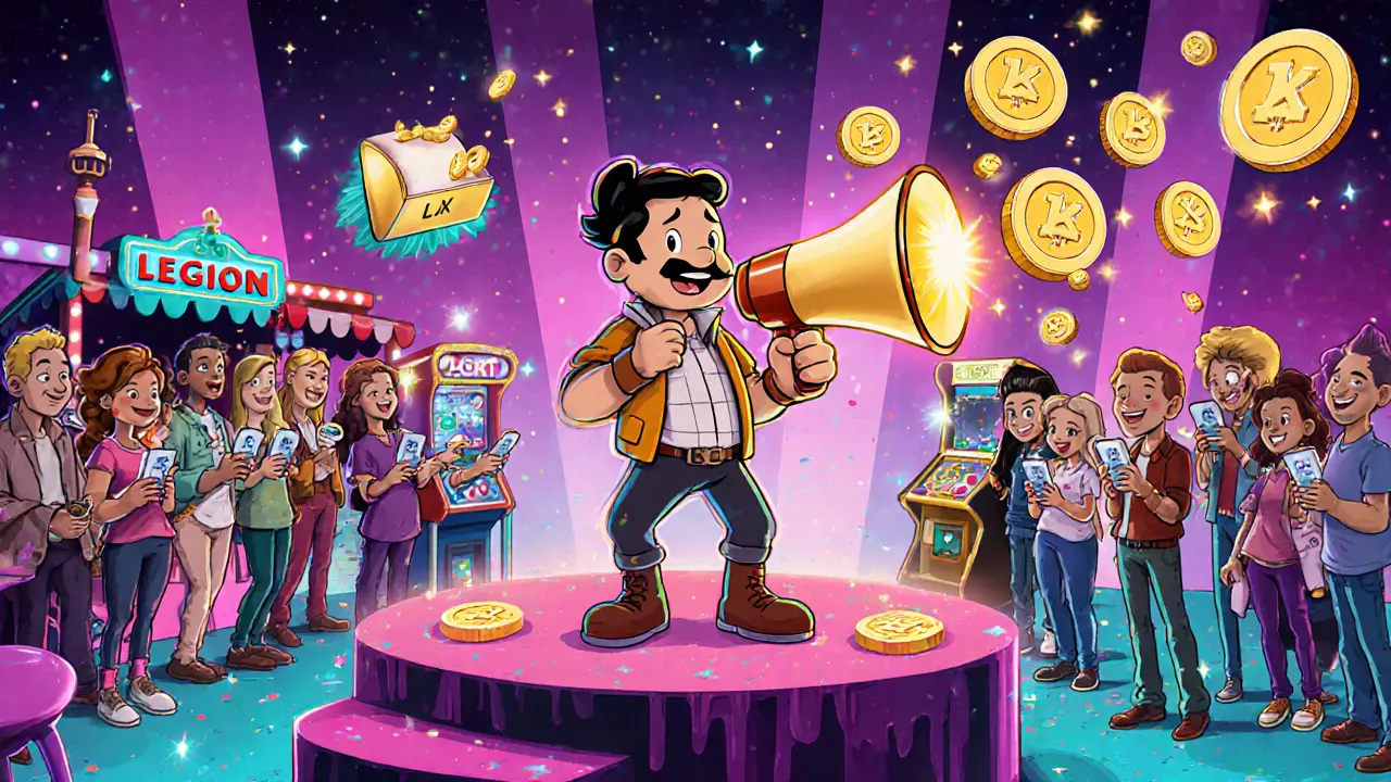 Cartoon scene of a character sharing a referral code, friends receiving LGX, and a marketplace and gaming hub in the background.