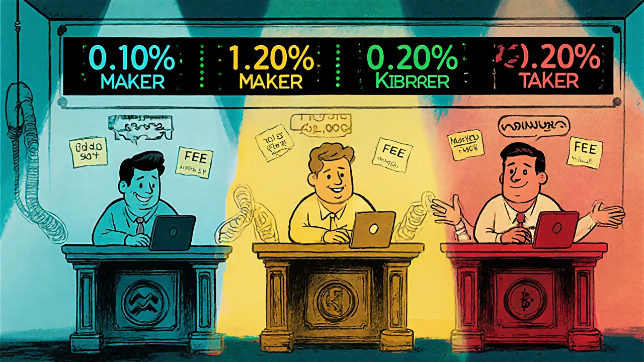 Cartoon traders comparing Crypterum fees with larger exchanges on a trading floor.