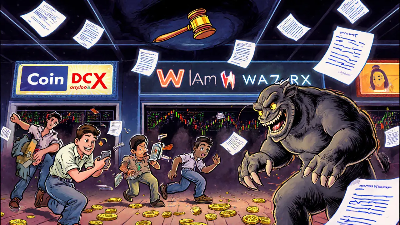 Chaotic crypto exchange scene with traders being chased by a TDS monster, in classic 1930s cartoon style.