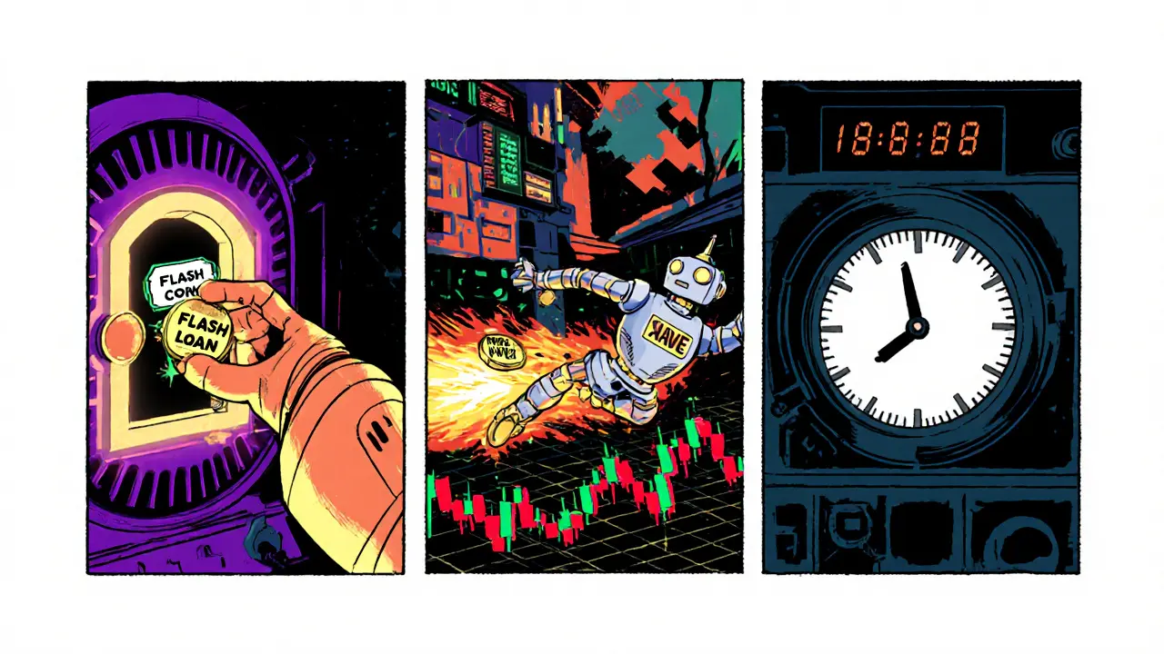 Comic panels show a robot borrowing, swapping, and repaying tokens within a block.