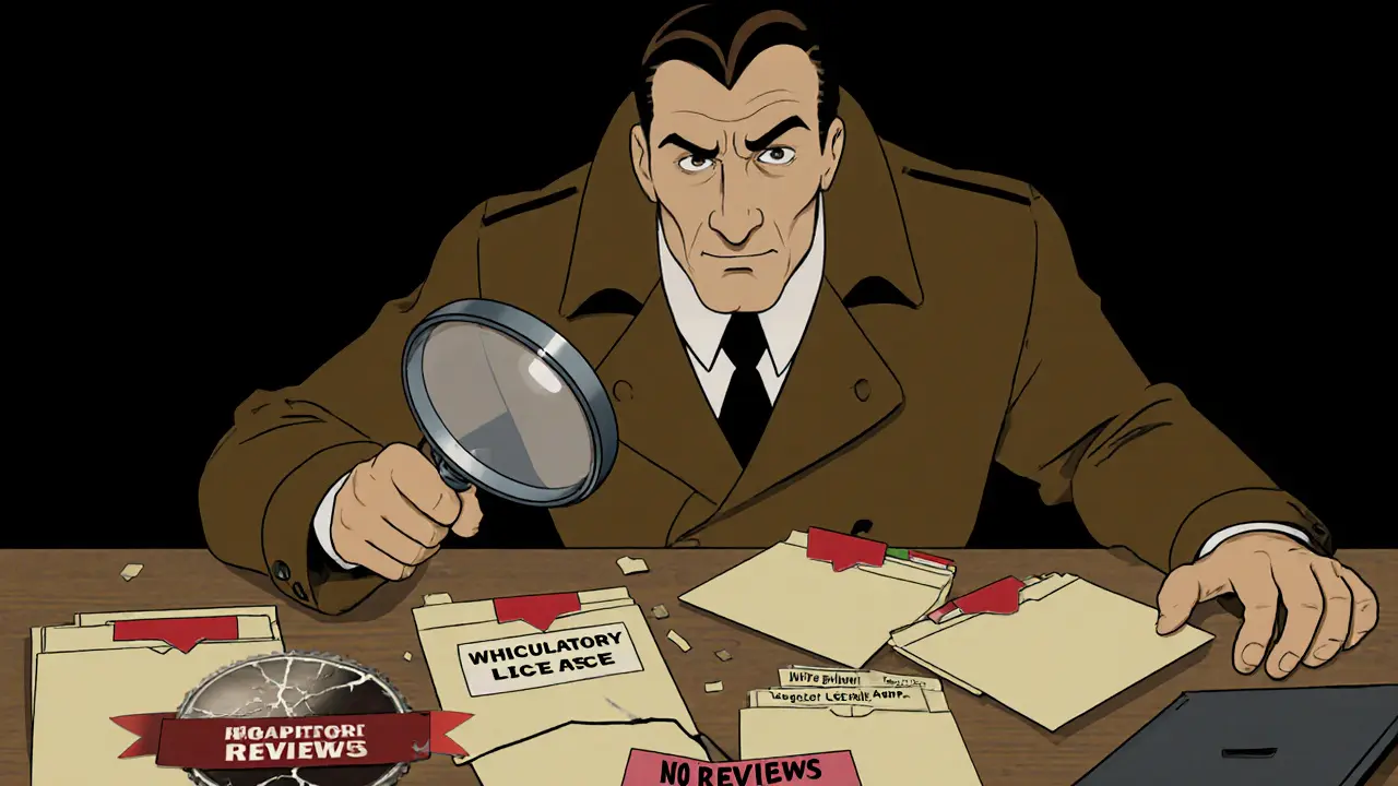 Detective examining empty folders labeled whitepaper, license, and API, highlighting red flags.