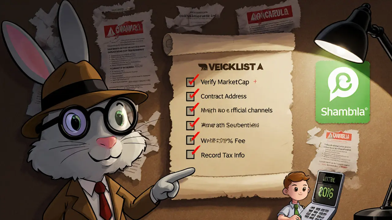 Detective rabbit showing a safety checklist beside scam flyers and tax calculator.