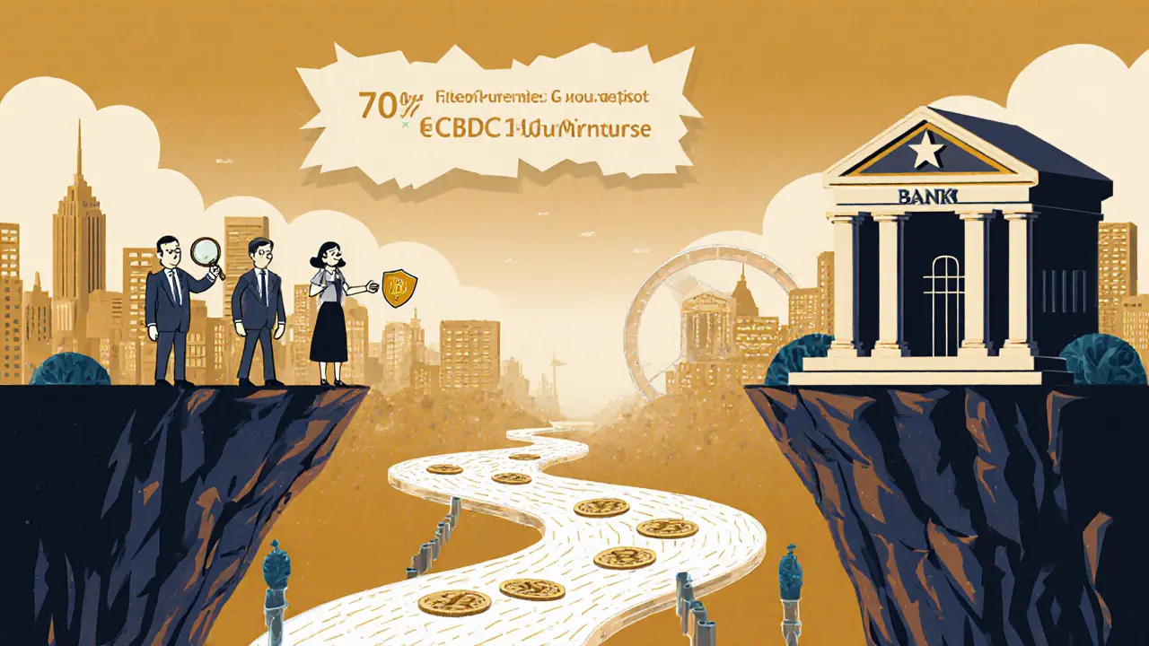 Digital currency flows beneath a city as banks shift to financial advising with personalized services.