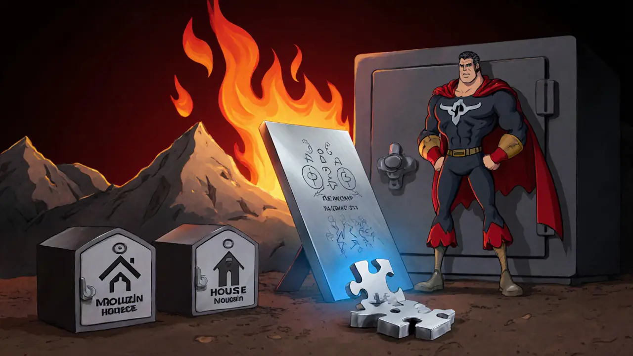 Heroic figure beside a fire‑proof vault and metal slabs, with split metal shares in separate lockboxes.