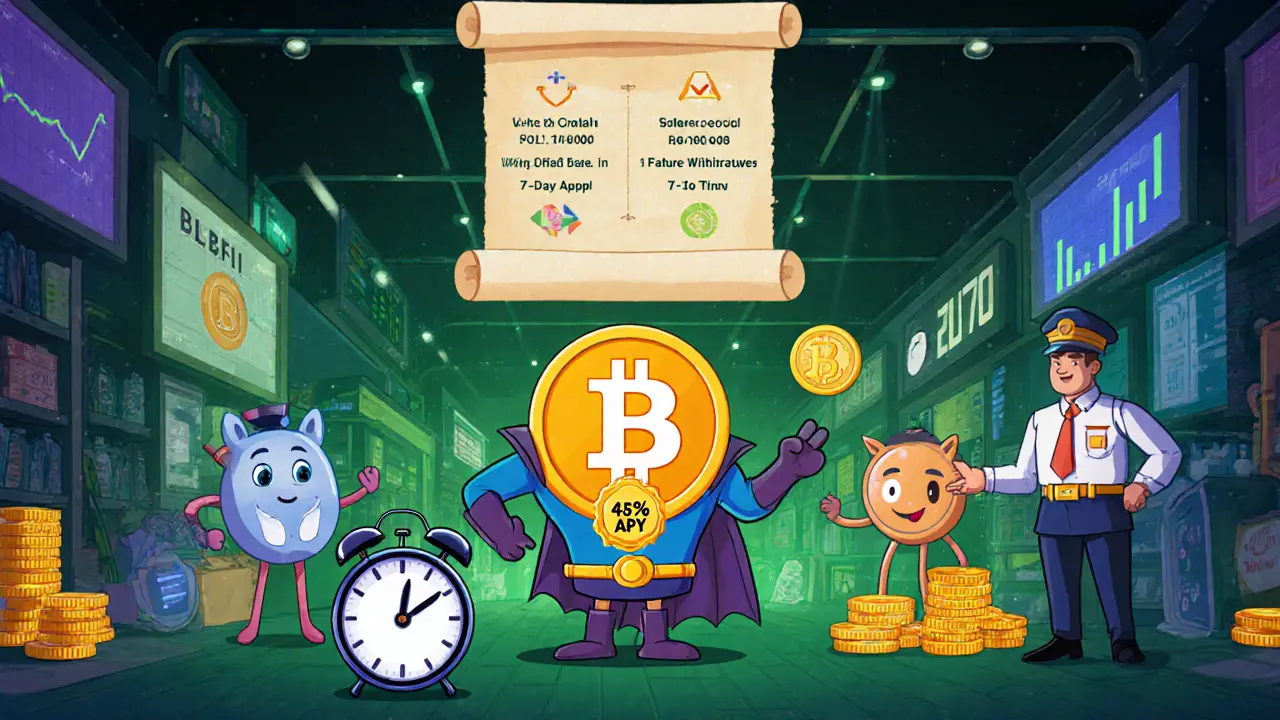 LBTC token character interacts with DeFi platforms amid a 7‑day withdrawal timer.