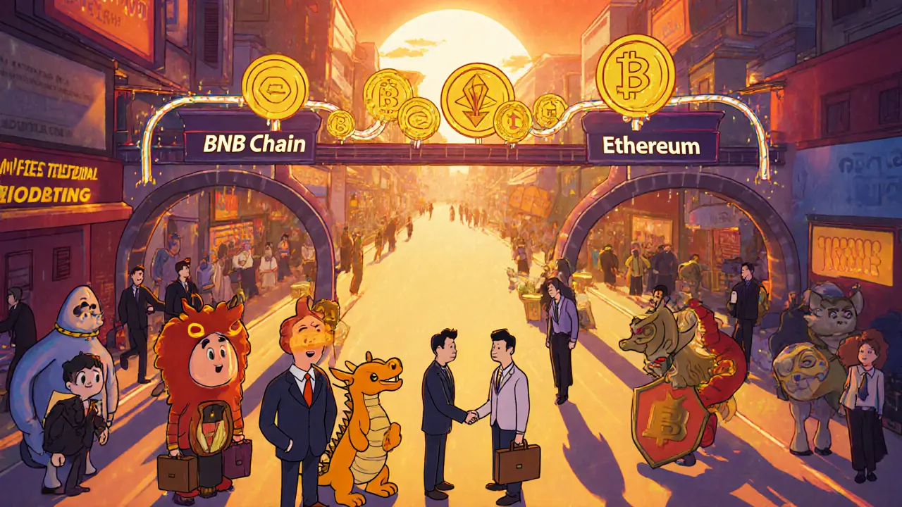 Marketplace with businesspeople swapping TSM coins on a data bridge between BNB Chain and Ethereum.