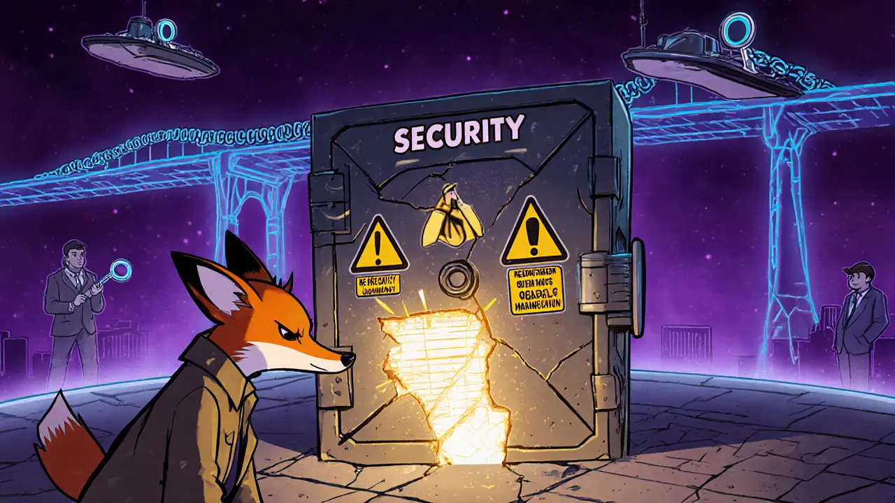MEV fox sneaks near a ledger; cracked vault and cross‑chain bridge hint at risks and future.