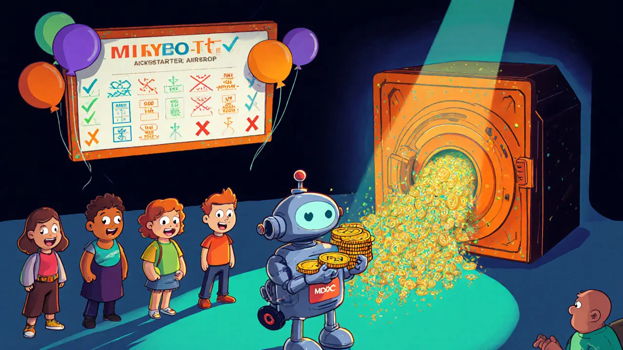 MEXC robot mascot handing MX tokens to users as BALA tokens rain from an opening vault.