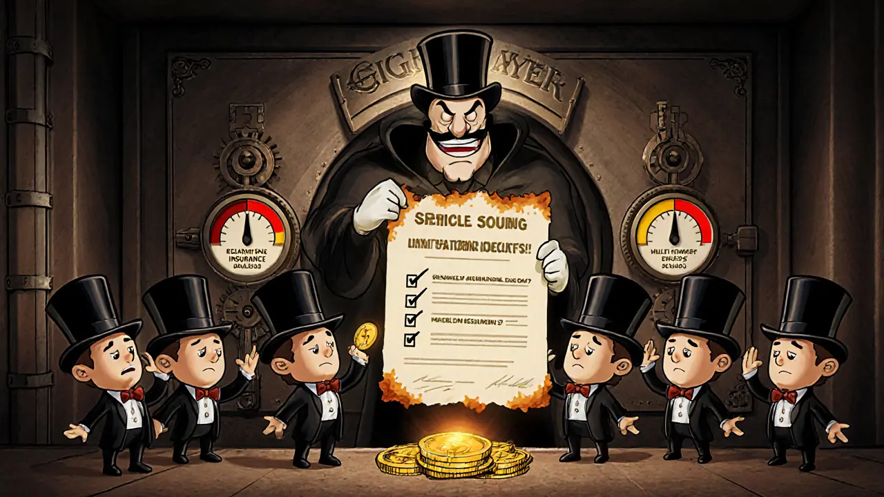 Stakers hand ETH to a shadowy platform boss as a burning insurance contract and reputation gauge collapse.