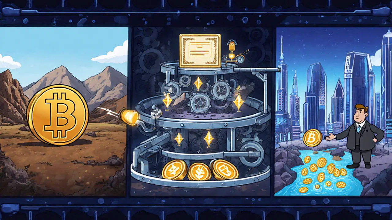 Storyboard showing Bitcoin confirmation, Babylon processing, and LBTC minting on Ethereum.