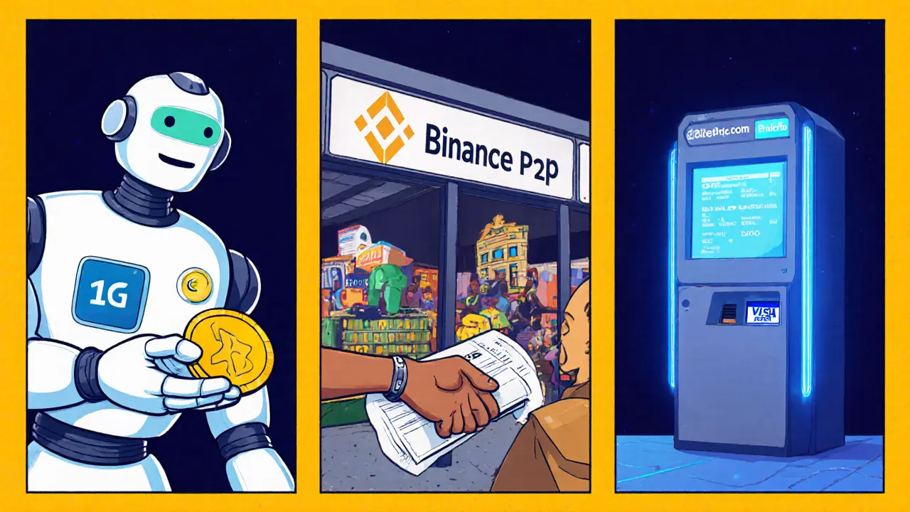 Three cartoon panels showing Luno, Binance P2P, and Blockchain.com platforms.