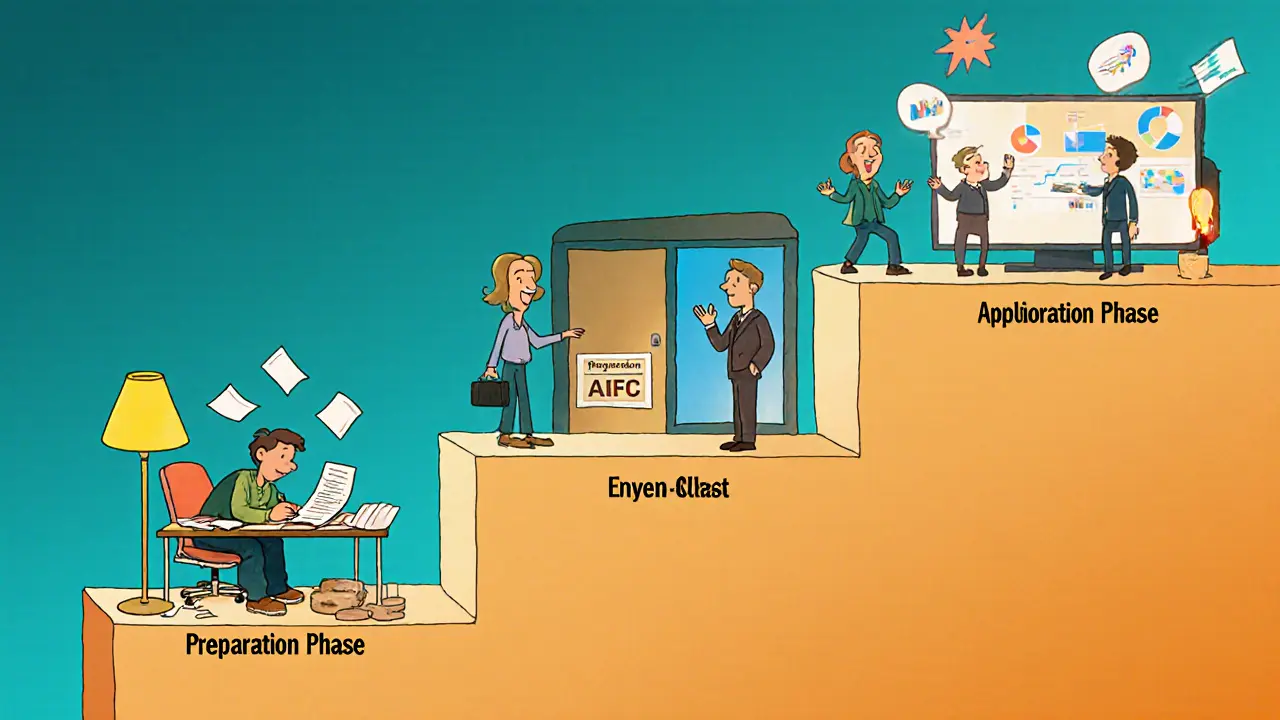 Three‑stage licensing process illustrated with characters handling plans, office setup, and demo.