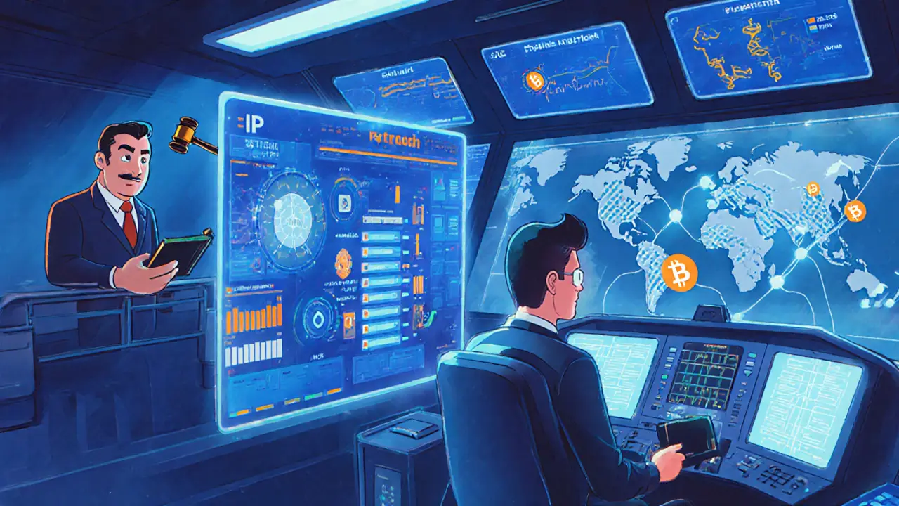 Trader in futuristic cockpit with AI risk scores and regulator figure watching.