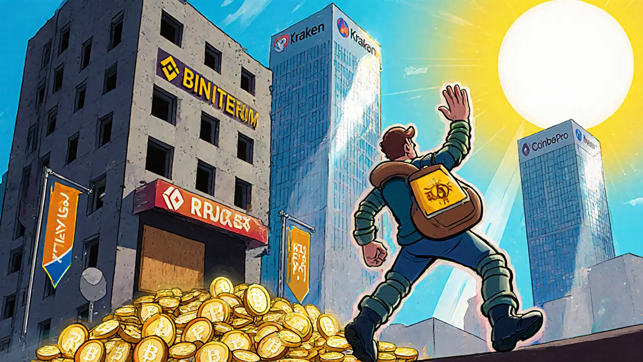 Trader leaves Crypterum building and walks toward bright Binance, Kraken, and Coinbase towers.