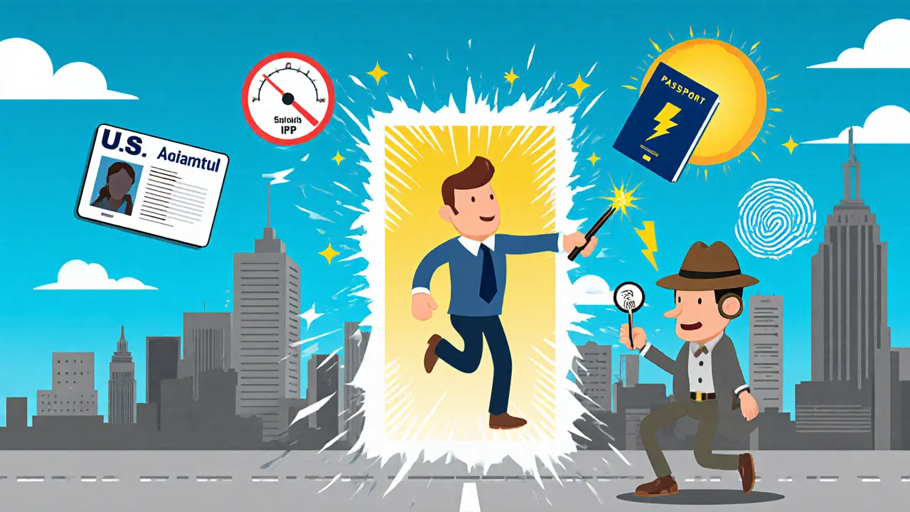 Trader using VPN portal to switch from US to Canada, surrounded by detection icons.